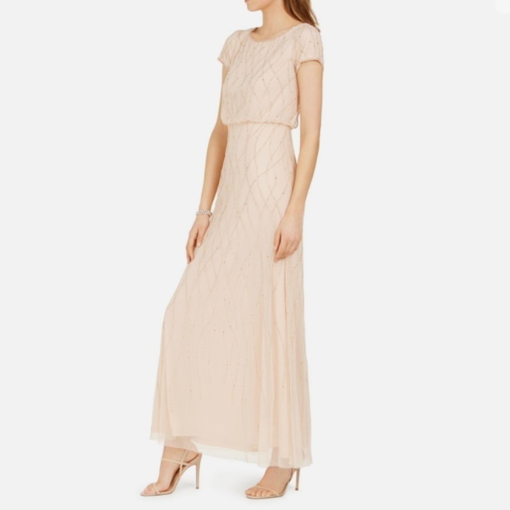 Adrianna Papell Short Sleeve Embellished Blouson beaded Overlay Gown in Biscotti - Picture 3 of 6